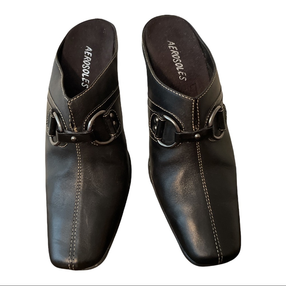 Aerosoles Black Leather Cinch Worm Mules